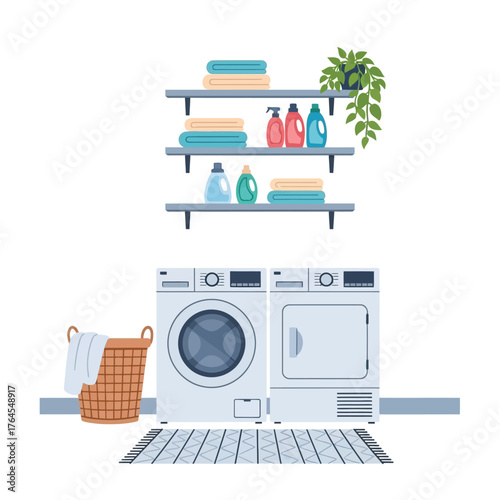 Laundry room interior with washing machine, shelves, and detergent bottles for home cleaning
