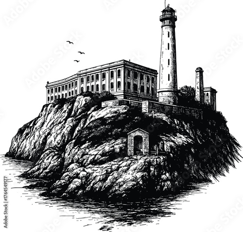 Black and White Illustration of Alcatraz Island Prison with Lighthouse and Birds vector