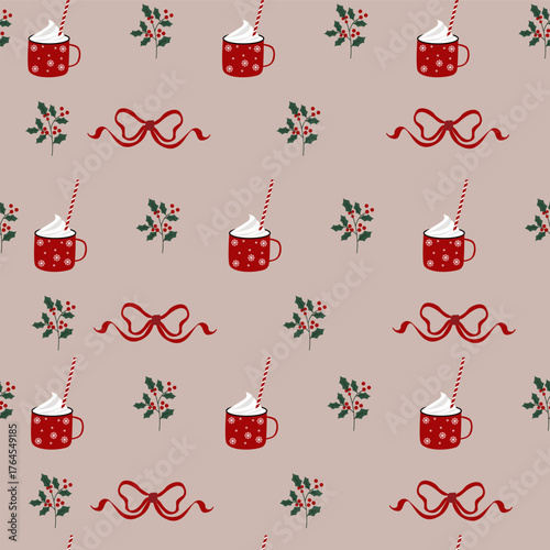 Seamless pattern Christmas and New Year Pattern with a mug  branch and bow Vector seamless pattern