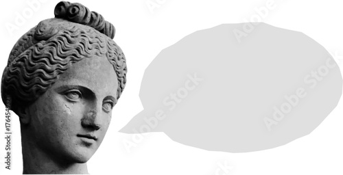 Ancient Greek statue head with comic speech bubble, layered halftone collage, punk antique bust, vintage grunge textures, neon pink color highlights, modern art design.