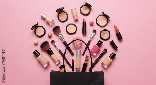 Makeup cosmetic perfume women products accessories pouring from shopping bag on pink flat lay background, beauty products cheap discount retail offer online purchase, top view above copy space