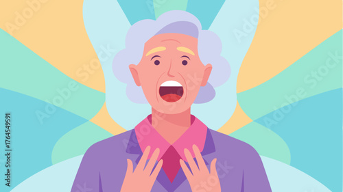 An elderly woman passionately speaking at the front her hands gesturing widely enveloped by an array of blurred pastel colors reflecting her spirited presence.