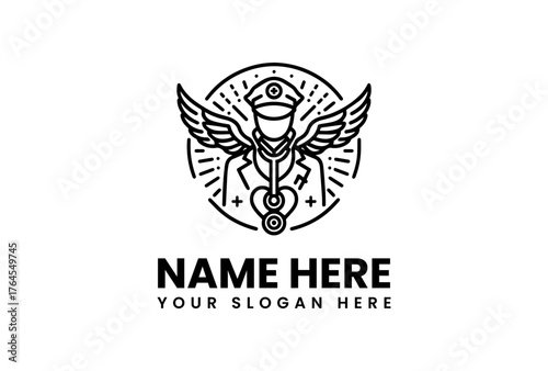 Winged Medical Professional Icon with Stethoscope and Circle Halo Design.