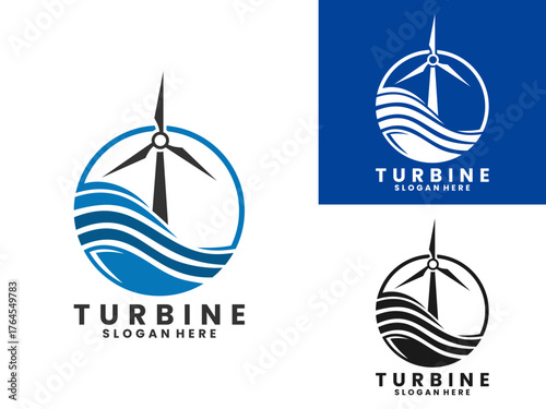 Wind turbine with sea logo vector template. Circle wind turbine with water logo design icon