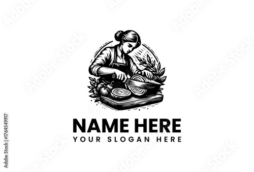 Woodcut Style Illustration of a Woman Slicing Onions with Herbs.