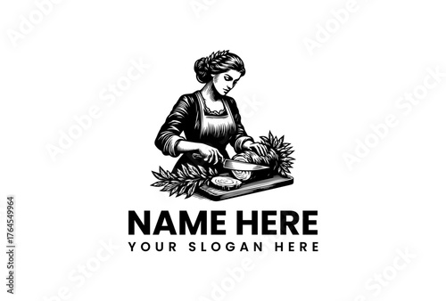 Vintage Engraving of Woman Slicing Vegetable on Wooden Cutting Board.