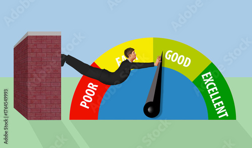 Slika na platnu A man pushes on the needle on a credit score meter in an effort to raise his score and qualify for a loan in this 3-d illustratin