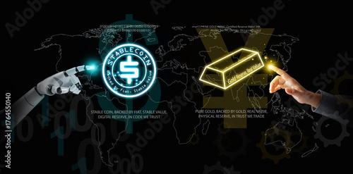 Concept of AI and human interaction comparing stablecoin backed by fiat with real gold reserve. Symbol of digital trust, technology innovation, and financial value transformation.