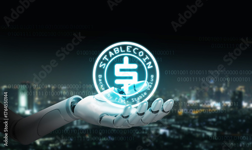 Artificial intelligence robot hand holding glowing stablecoin symbol over digital city skyline. Fintech concept illustrating blockchain, crypto currency, and innovation in finance.