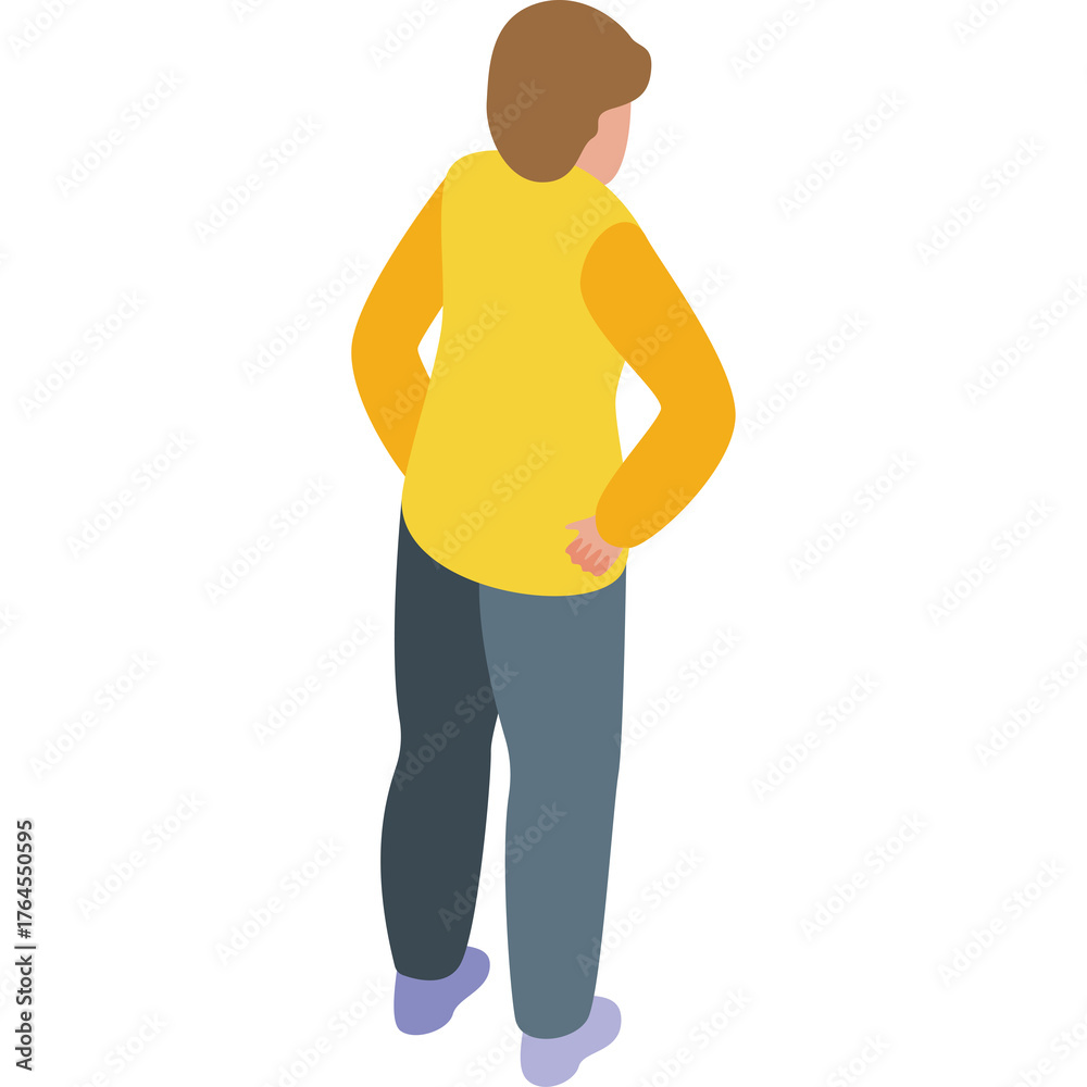 Fototapeta premium Isometric View of a Person Standing with Hands on Hips Wearing Yellow Long Sleeve Shirt and Blue Pants Against Transparent Background