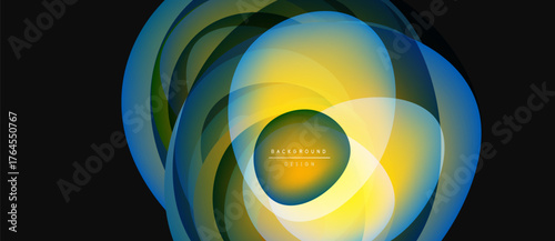 Abstract colorful layers create dynamic circular design. Bright yellow center radiates outward, blending blues, greens. Modern visual element.
