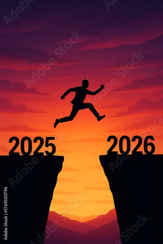 man silhouetted jumping over gap from 2025 to 2026 at sunset