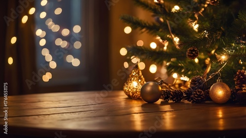 Cozy cinematic photo of an empty wooden table in warm soft light, with a blurred Christmas background featuring a glowing tree and golden fairy lights. Perfect for festive product mockups.