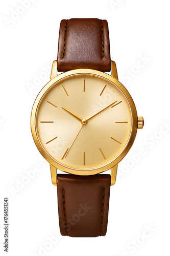 Classic gold oval wristwatch with brown leather strap isolated on transparent background