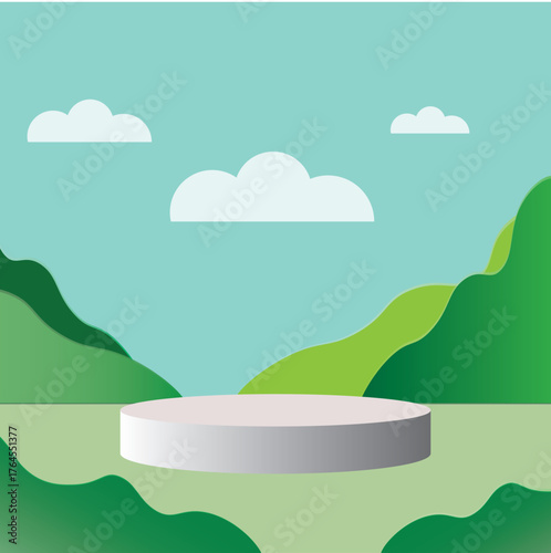 Abstract minimal scene with geometric forms. cylinder podium in nature green background with green plant leaves.
