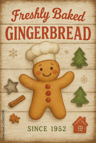 vintage christmas gingerbread baker cookie with chef hat and festive decorations illustration on rustic wood background perfect for farmhouse kitchen wall art bakery sign poster card