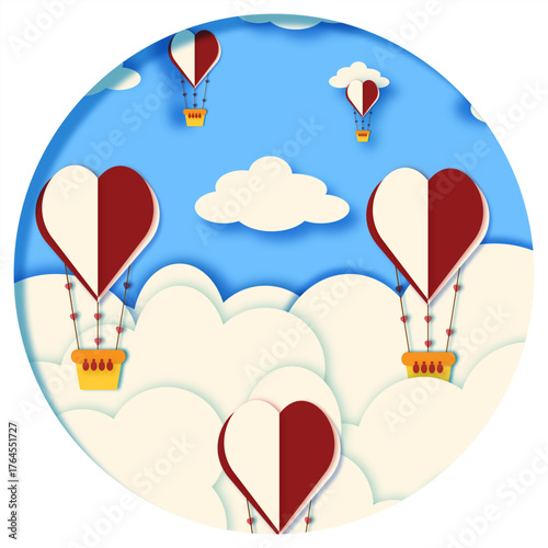 Vector illustration of heart-shaped hot air balloons flying in the blue sky above soft clouds. Romantic and dreamy atmosphere, symbol of love, travel, and freedom.