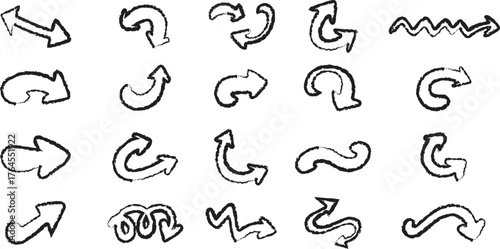 A Set of Rough Sketchy Hand-Drawn Arrow Icons and Directional Symbols for Graphic Design