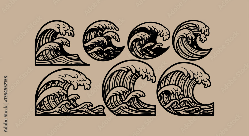 Obraz premium Collection of stylized japanese wave illustrations in woodblock print style