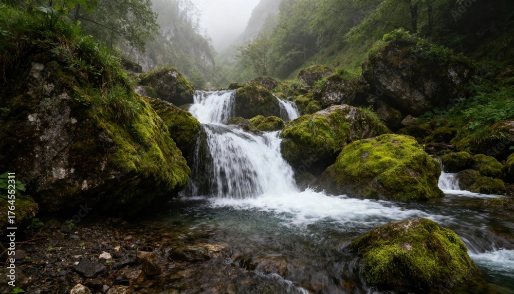 Fototapeta premium Serene mountain waterfall with wild water rushing over mossy rocks in a lush green forest. River stream cascade landscape on a misty foggy morning. Concept of pure nature.