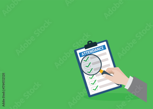 Attendance clipboard with checklist. Questionnaire, survey, clipboard, task list. Flat design,
