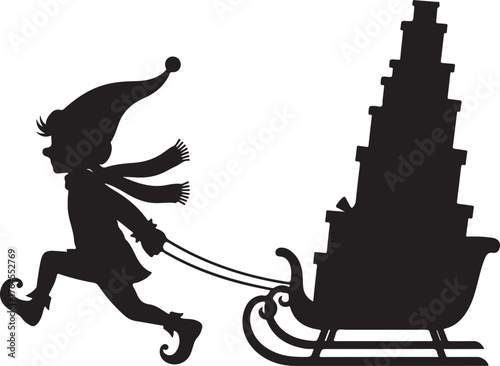 Vector art of silhouette of a cheerful christmas elf running and pulling a sleigh piled high with gifts, a festive and whimsical design perfect for holiday cards and decorations
