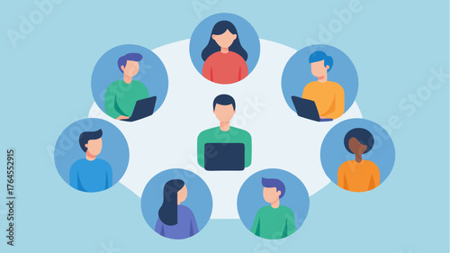 Avatars seated in a circular formation engaged in a peer review session sharing feedback on each others work.