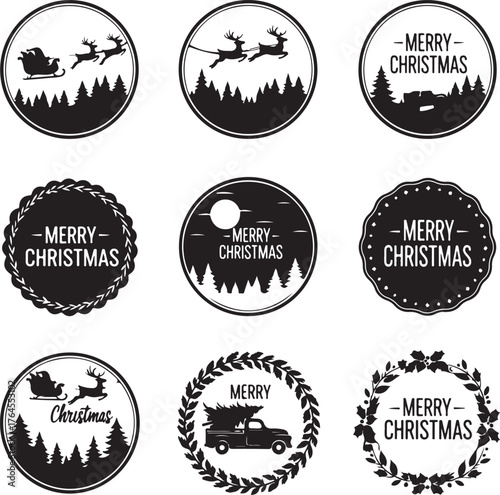 Vector art of collection of christmas stamps featuring santa claus in a sleigh, reindeer, christmas trees, and festive greetings, creating a vintage and charming holiday aesthetic