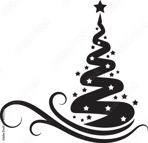 Vector art of elegant black christmas tree silhouette with swirling branches and star accents, a festive and modern design element for holiday cards, decorations, and creative projects