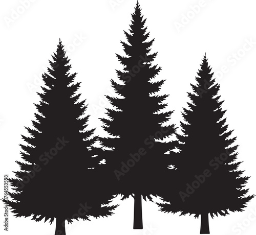 Vector art of a serene silhouette of three evergreen trees, evoking a sense of nature, tranquility, and the beauty of the forest in a minimalist and elegant style