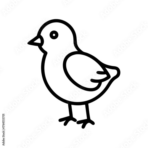 A small chick stands upright with its tiny beak and feet visible. The chick displays a simple design, capturing its features in a clear, stylized manner