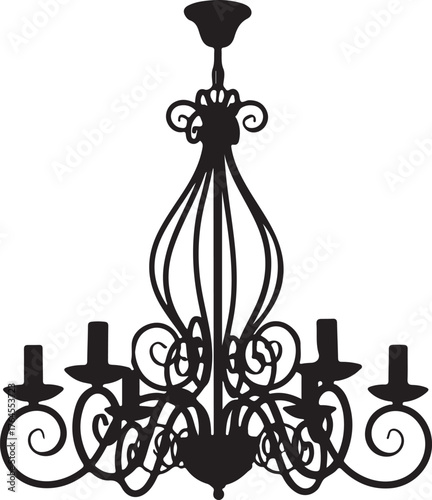 Vector art of elegant chandelier silhouette, showcasing intricate wrought iron design, perfect for adding a touch of vintage charm and sophistication to any design project