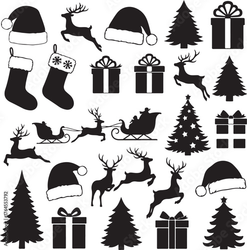 Vector art of collection of christmasthemed silhouettes, featuring santa hats, reindeer, sleighs, gift boxes, christmas trees, and stockings, perfect for creating festive designs and holiday greetings
