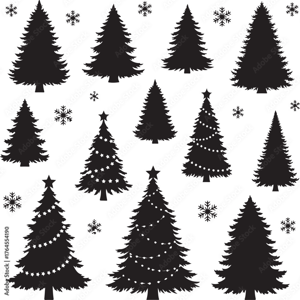 Obraz premium Vector art of collection of christmas tree silhouettes includes various shapes and sizes, some decorated with lights and stars, perfect for holiday designs and festive decorations