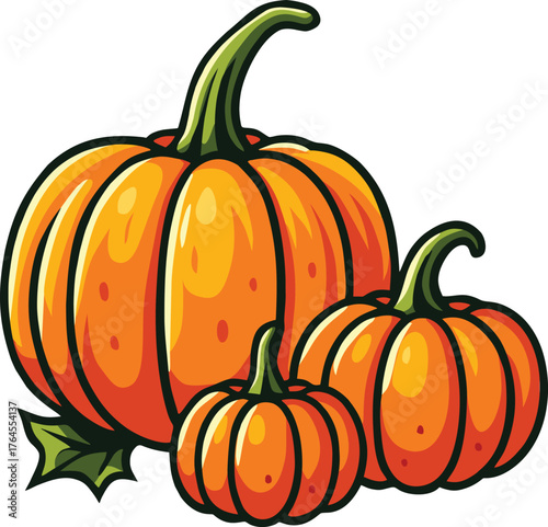 Three bright orange pumpkins with green stems symbolizing autumn harvest season
