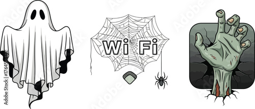 Vector art of halloween icons ghost, wifi spiderweb, zombie hand isolated