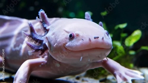 Unique Pink Axolotl with Feathery Gills in a Freshwater Aquarium