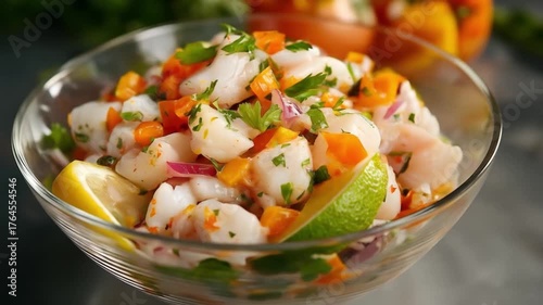 Fresh and Vibrant Seafood Ceviche with Diced Fish, Vegetables, and Citrus in a Glass Bowl, Healthy Latin American Dish