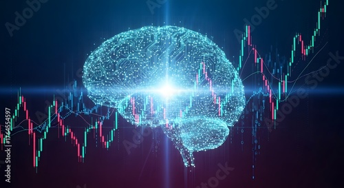 Digital brain hologram visualizing financial data with candlestick charts for futuristic fintech and investment concepts