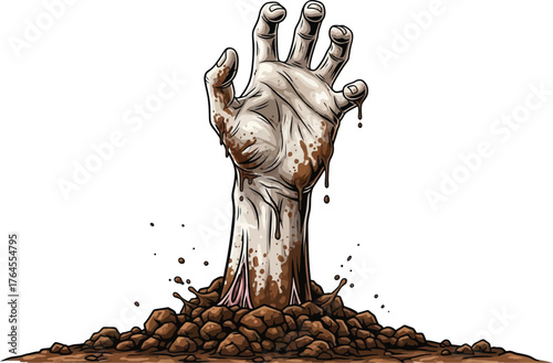 Vector art of zombie hand emerging from the ground with dirt and debris