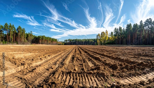 Expansive cleared field with deep tire tracks and surrounding forest under a dynamic sky.