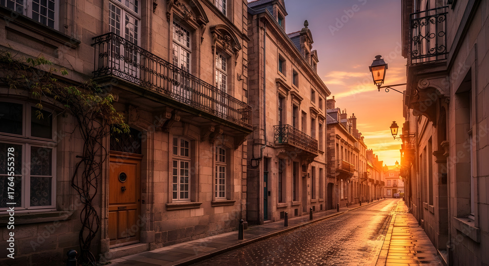 Fototapeta premium Cobblestone street in dinan, france at sunset with warm light and shadows