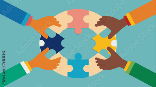 Hands clasped at the wrists in a circle representing unity around a puzzle piece emblem symbolizing diversity fitting together.