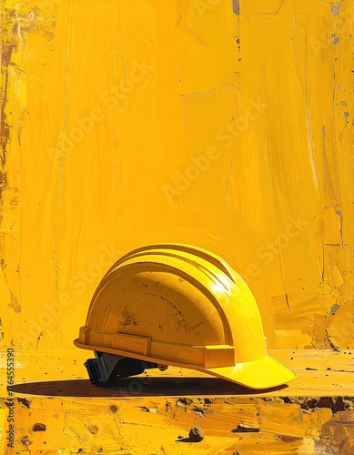 Yellow hard hat on a bright yellow construction site surface.