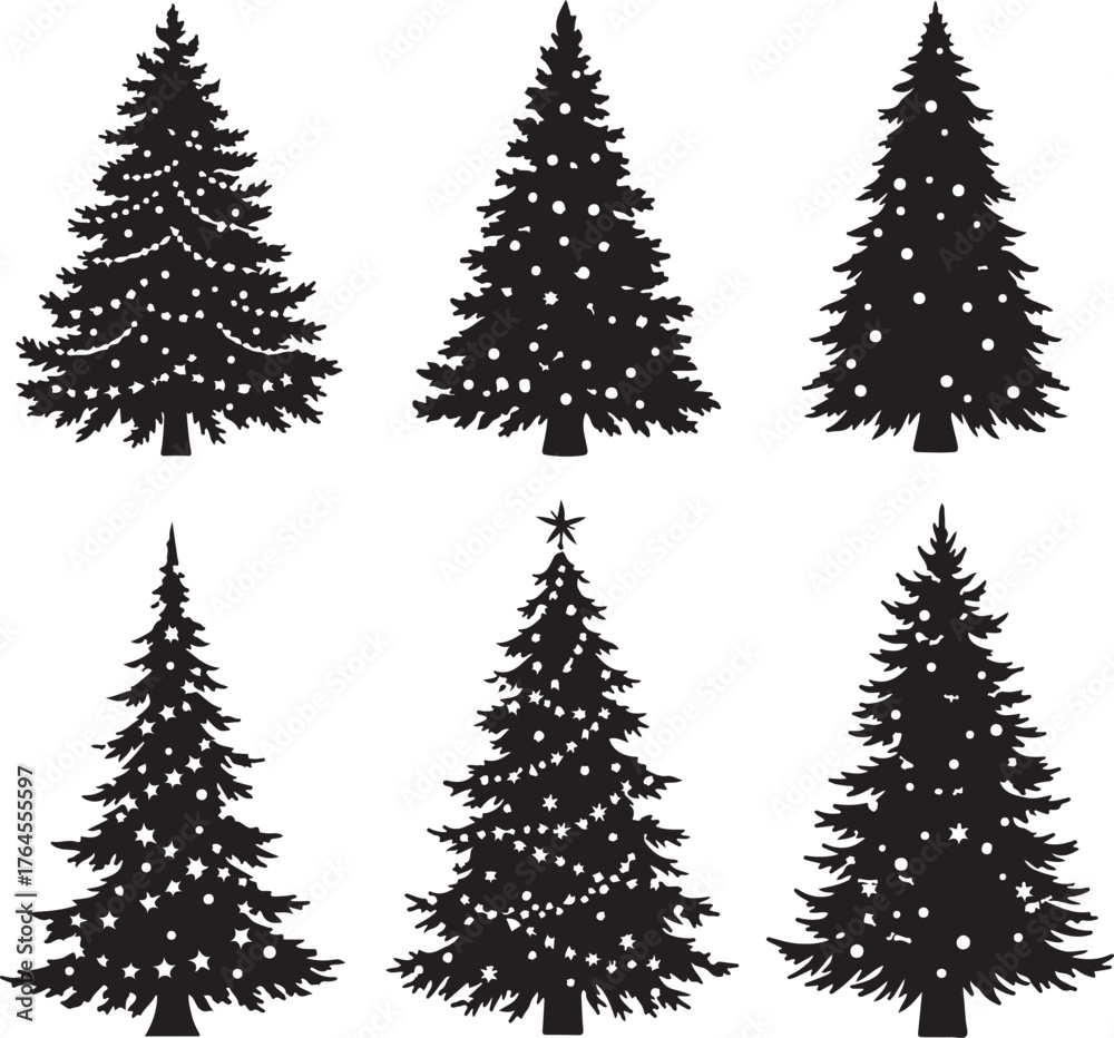 Fototapeta premium Vector art of a collection of six christmas trees, , each rendered as a silhouette and adorned with lights and garlands, offering a variety of festive designs for the holiday season