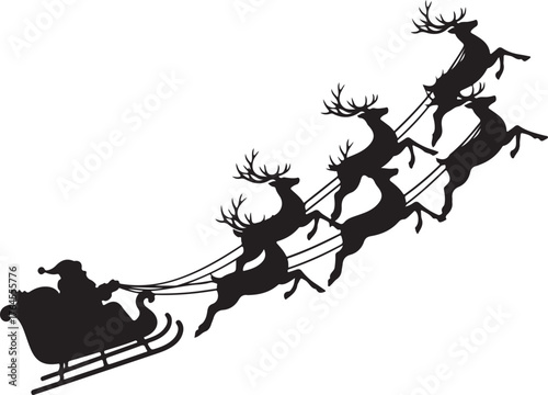 Vector art of silhouette of santa claus riding in his sleigh being pulled by eight reindeer, a festive christmas image perfect for holiday cards, decorations, and seasonal designs