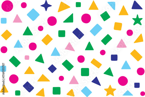 Abstract geometric confetti seamless pattern. Colourful confetti shapes for party celebration and festive events. modern background with playful shapes, circles, triangles, and curves. Vector 