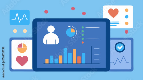 An interactive dashboard featuring a patients health metrics such as heart rate and step count synced from wearable devices.