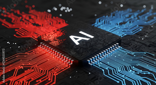 Innovative AI chip with vibrant red and blue circuits representing advanced technology and future possibilities for business and science applications