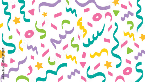 Abstract geometric confetti seamless pattern. Colourful confetti shapes for party celebration and festive events. modern background with playful shapes, circles, triangles, and curves. Vector 
